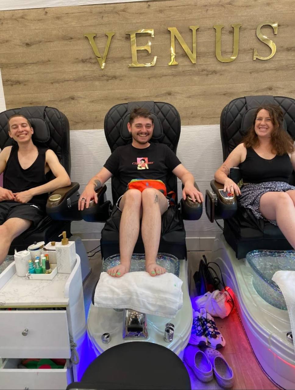 Pedicure set with pale polish.