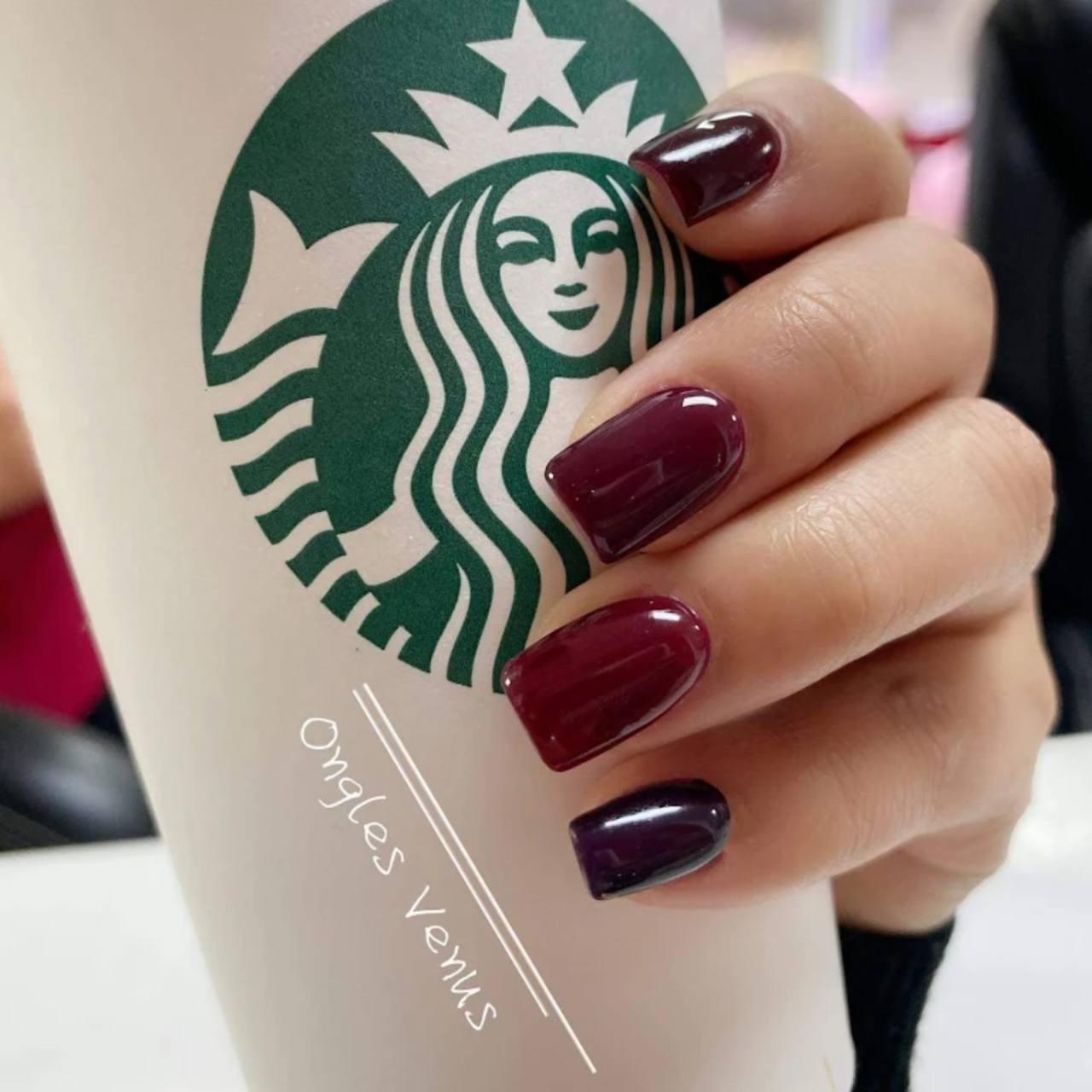 Burgundy shellac manicure holding a coffee cup.